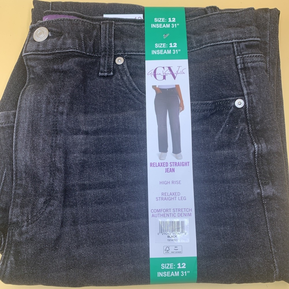 New Gloria Vanderbilt Relaxed Jeans Women's 12 Black High Rise Straight Comfort